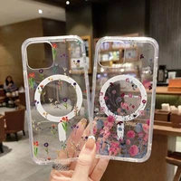 small flower background phone case for iphone 13 12 11 mini pro max transparent super magnetic magsafe cover
