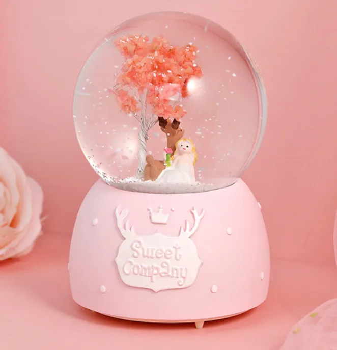 Музыкальная шкатулка в виде хрустального шара Вишневое дерево Единорог девушки