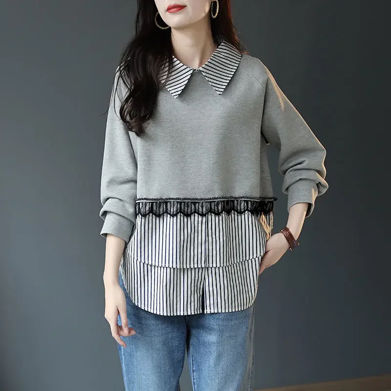 Женская весенне-осенняя толстовка с воротником-поло в Корейском стиле полосатые