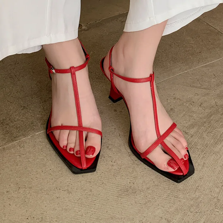 

2023Chic Fashion Women Sandals Red Narrow Band Formal Dress Summer Pumps White High Heels Wedding Shoes Ankle Strap Sandalias