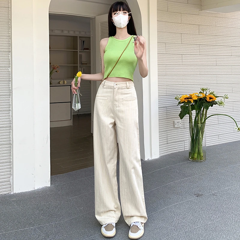 Jeans Women's 2023 New Long Pants Autumn and Winter High Street Stripes Off White Wide Leg Pants Versatile Straight Fit