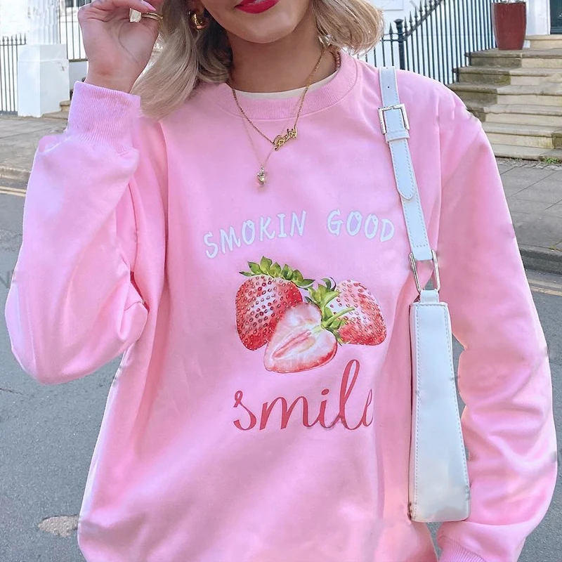 

Street Pink Sweet Strawberry Cute Kawaii Girl Alphabet Cartoon Print O-Neck Loose Casual Long-sleeved Pullover Sweater Size Punk