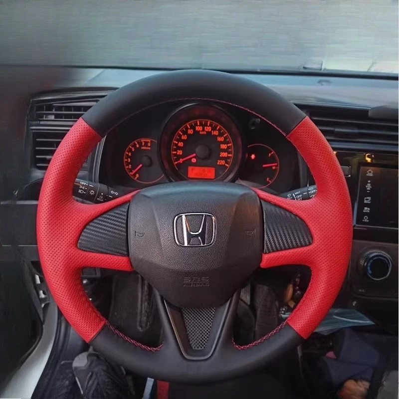 Фото Для Honda Fit City Gania GREIZ 2014-2020 сшитый вручную нескользящий черный красный чехол на руль автомобиля из натуральной кожи №2