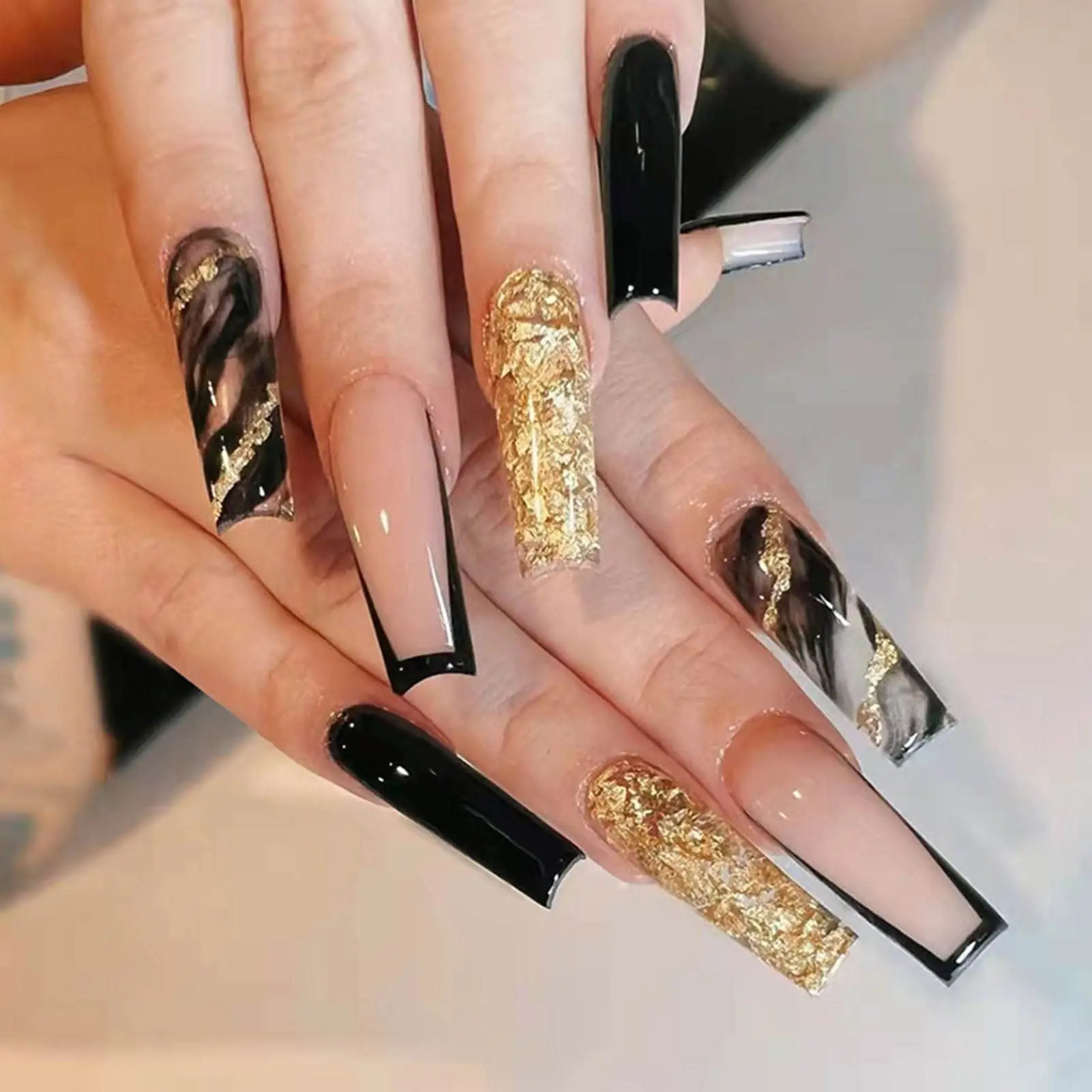 

Black Marble Stripes Girls Fake Nails Full Covering Acrylic Artificial Girls Fake Nail Tips French Stripe Design 24 Pieces/Box