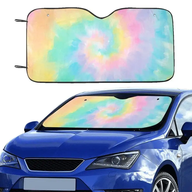

Pastel Tie Dye Windshield Sun Shade, Colorful Swirl Hippie Car Accessories Auto Protector Window Visor Screen Cover Decor