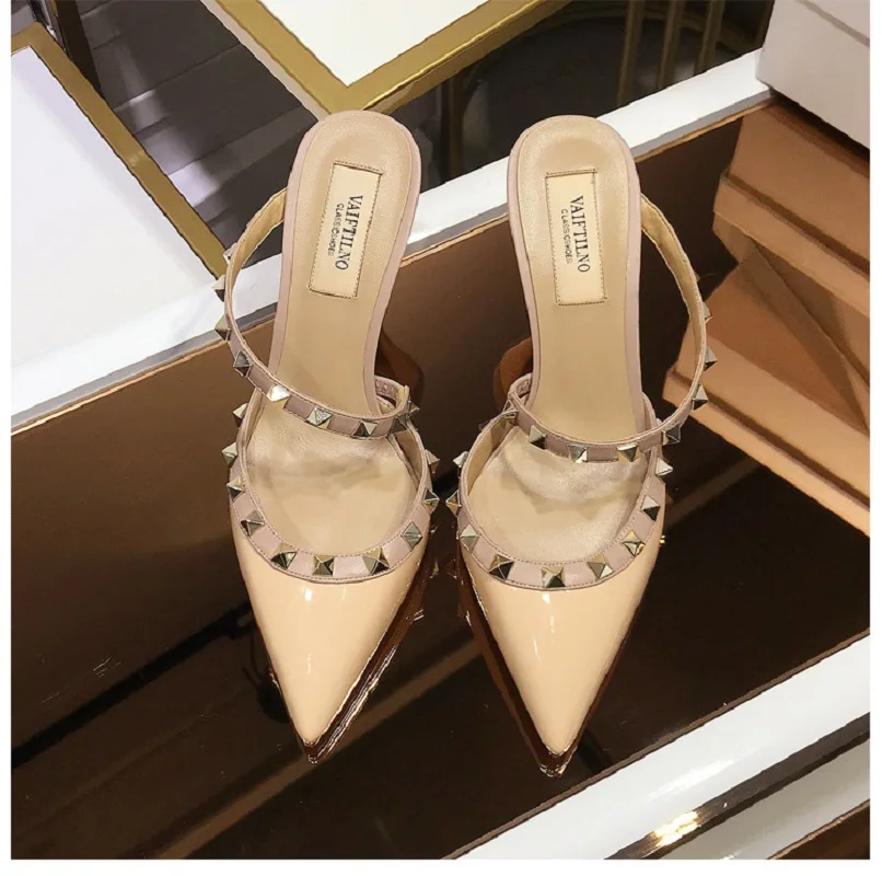 2023 Summer Leather Fashion Brand Women 's Sandals High Quality Riveted High Heels Sexy Party Women's Shoes Comfortable Pumps