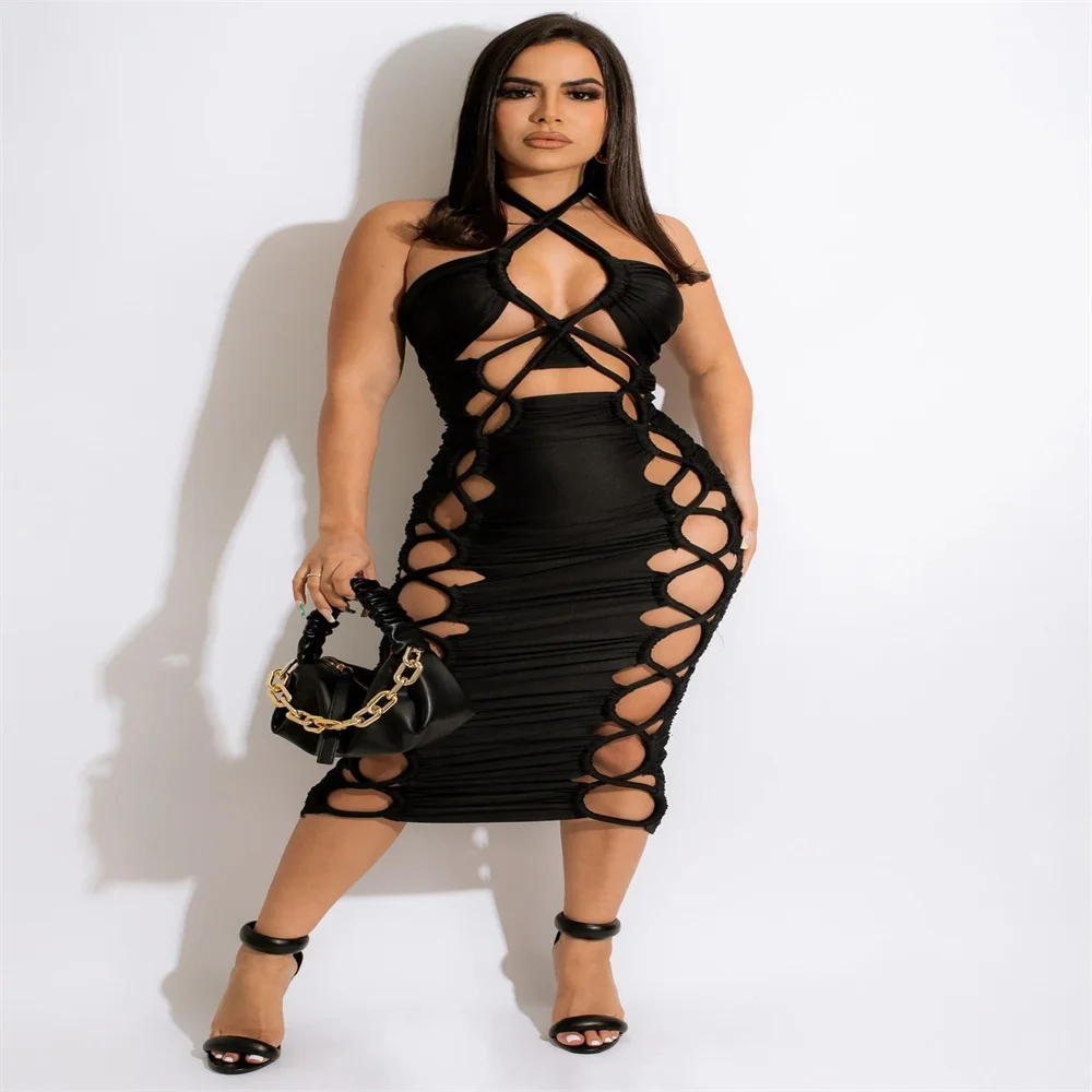 

PING ZHAO Women Lace Up Hollow Out Sleeveless Halter Neck Bodycon Midi Dress 2022 Summer Sexy Party Club Dresses