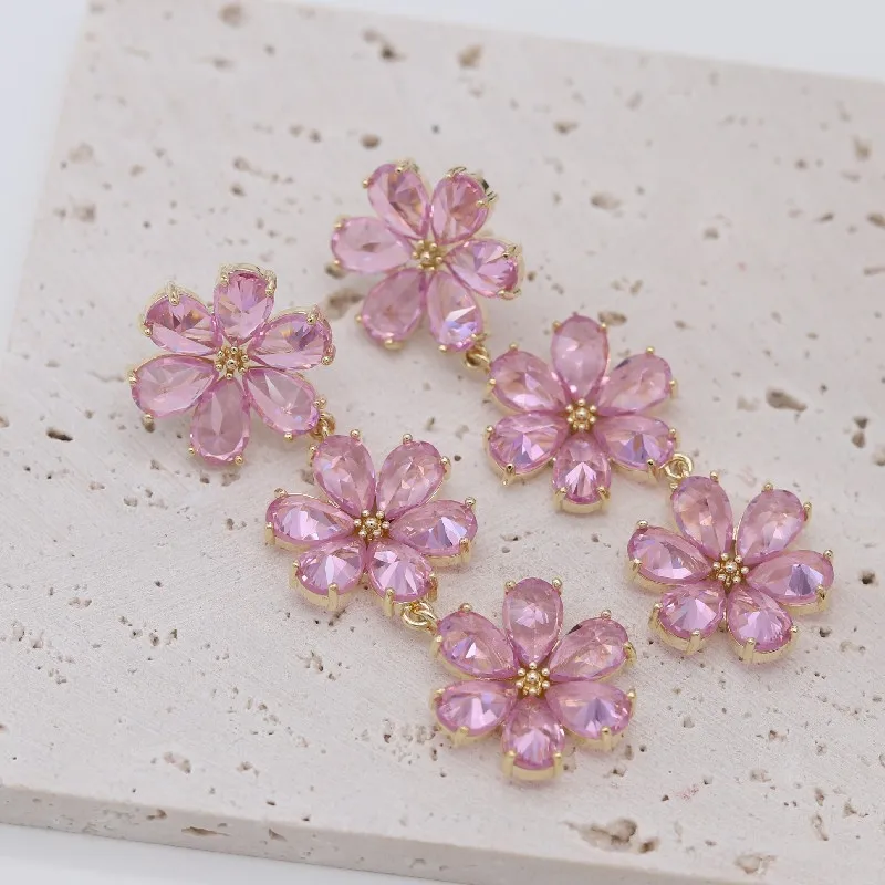 

2023 new design fashion jewelry 14K gold plated long exaggerated pink zircon flower earrings luxury women's evening accessories