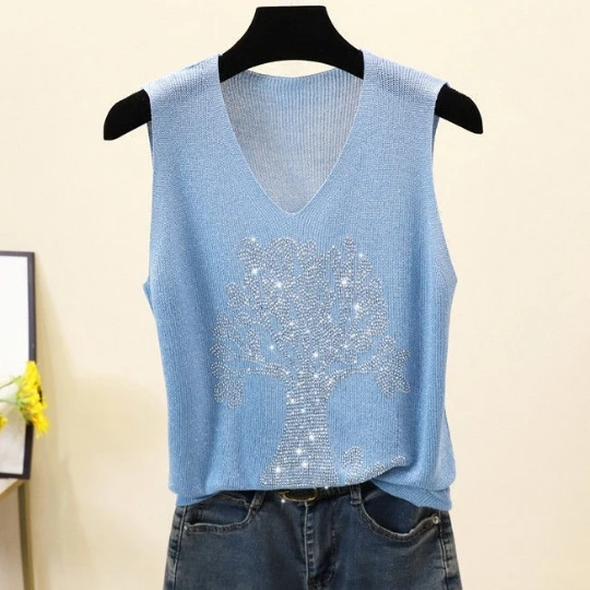 Женская летняя майка-жилет с V-образным вырезом и кристаллами |