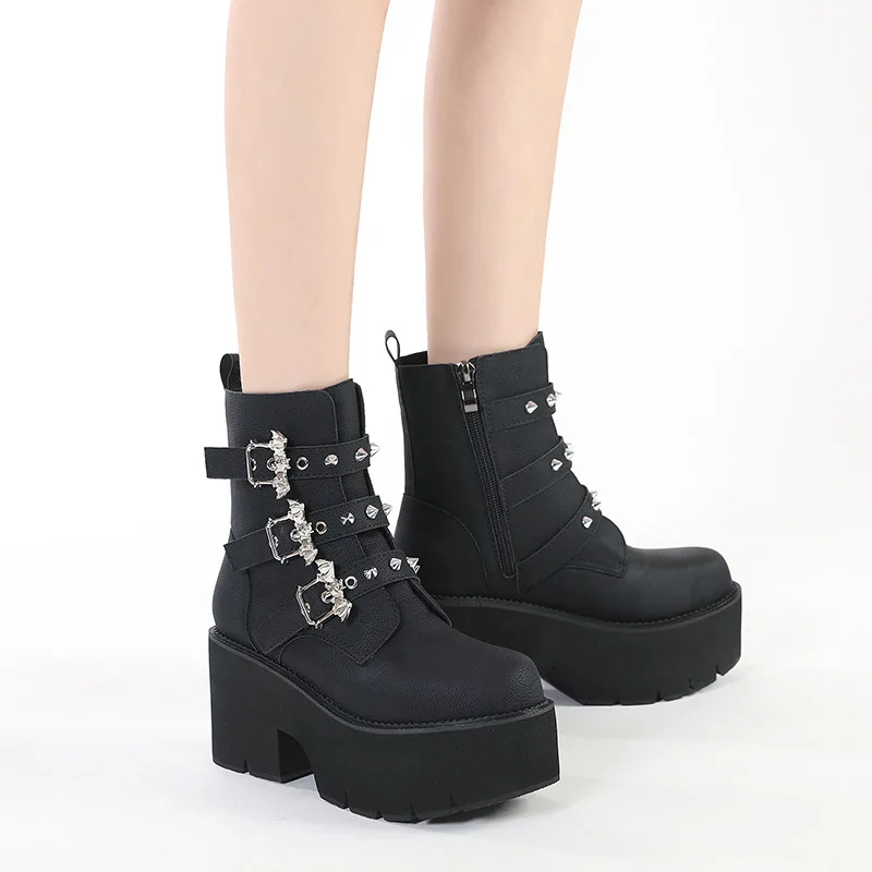 Spring Bat Metal Decorative Martin Boots Women's Thick Sole Short Boots Gothic Belt Buckle Sponge Shoes Platform Fashion Boots