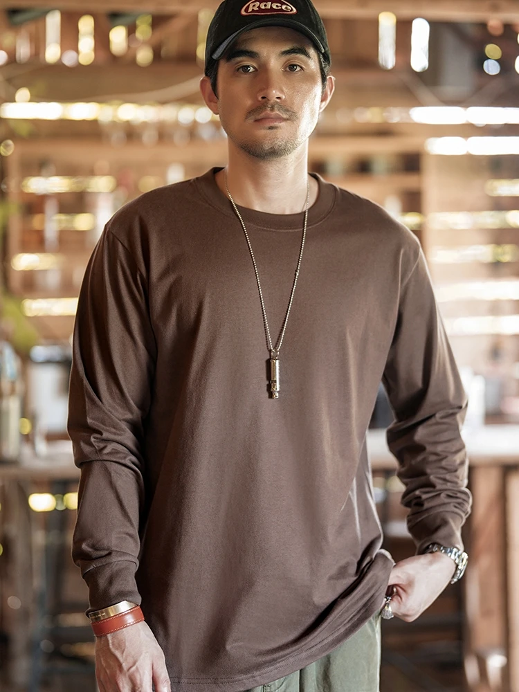 Brown Cotton Long sleeves Shirt Men's Loose round Neck Pullover Undershirt Youth T-shirt Spring and Autumn Hoodie New