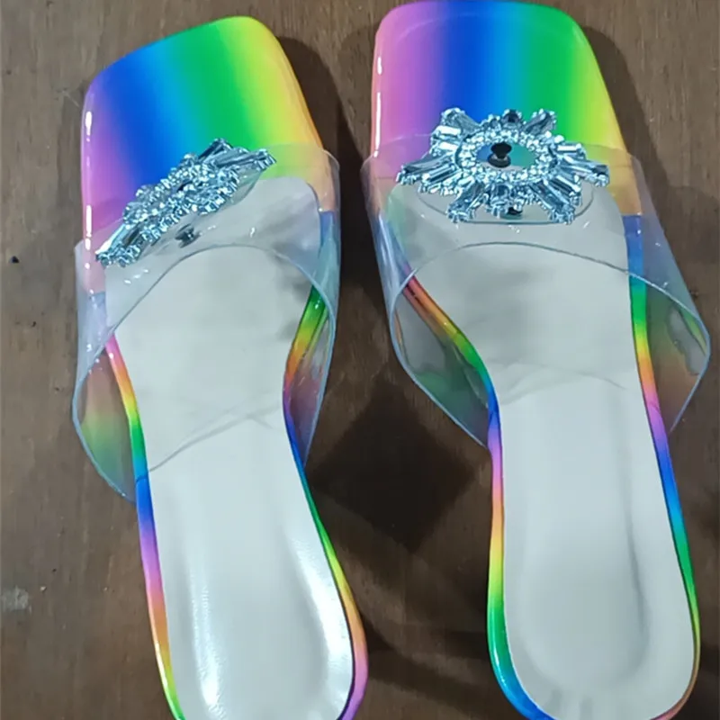PVC Transparent Crystal Women Slippers Summer Thin Heel Modern Slippers Ladies High Heels Sandals Shoes Glowing LED Slides 42 43