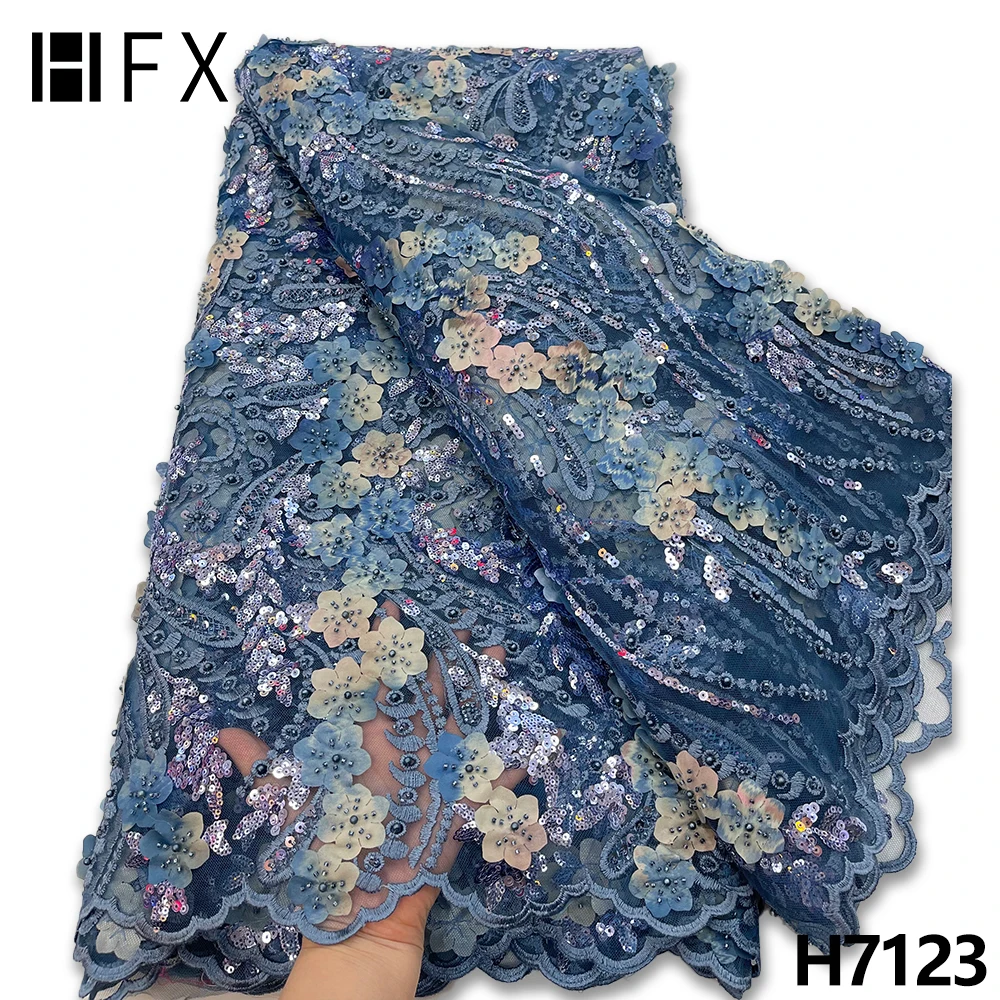 

HFX African French Tulle Lace Fabric 2022 High Quality Handmade Embroidery Sequins 3D Embroidery Beaded Lace Fabric Bridal F7123