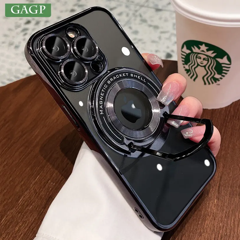 

For iPhone 15 Invisible Bracket Magnetic Phone Case for iPhone 11 12 13 14 15 Pro Max 14 15 Plus 2in1 Clear Magsafing Soft Cover