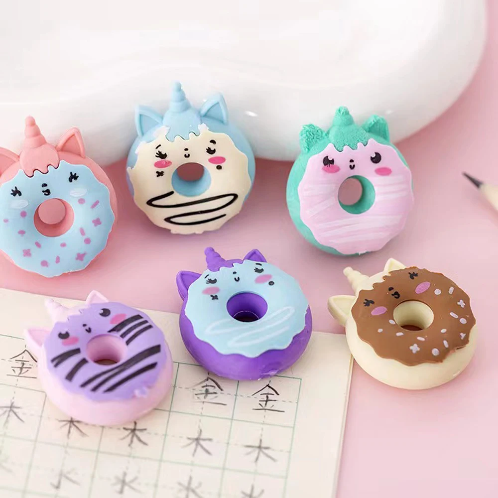 

4 Pcs Cute Kawaii Unicorn Donut Rubber Eraser Creative Erasers School Supplies Stationery Kids Students Cool Prizes