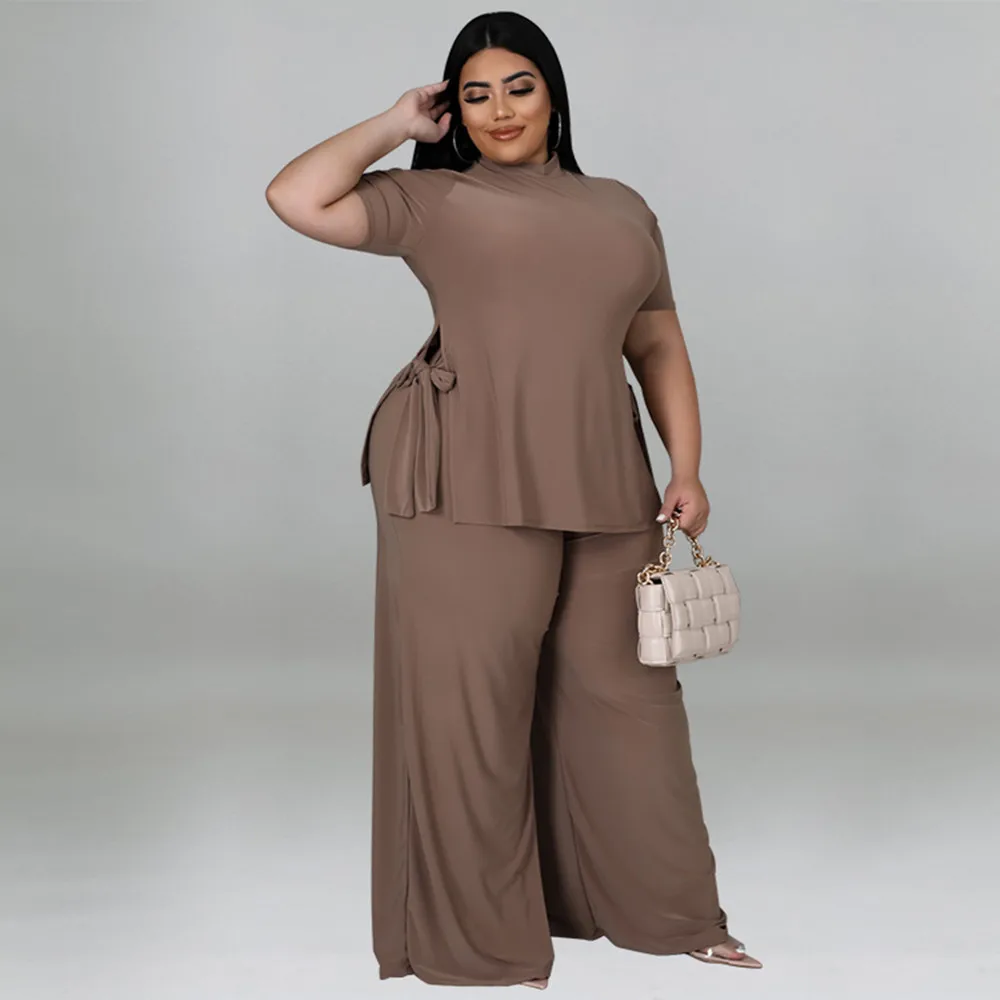 Plus Size Women's Clothing 2022 Summer New Solid Color Fashion Casual Waist Tie Ladies Two-piece Set XL-5XL Oversized