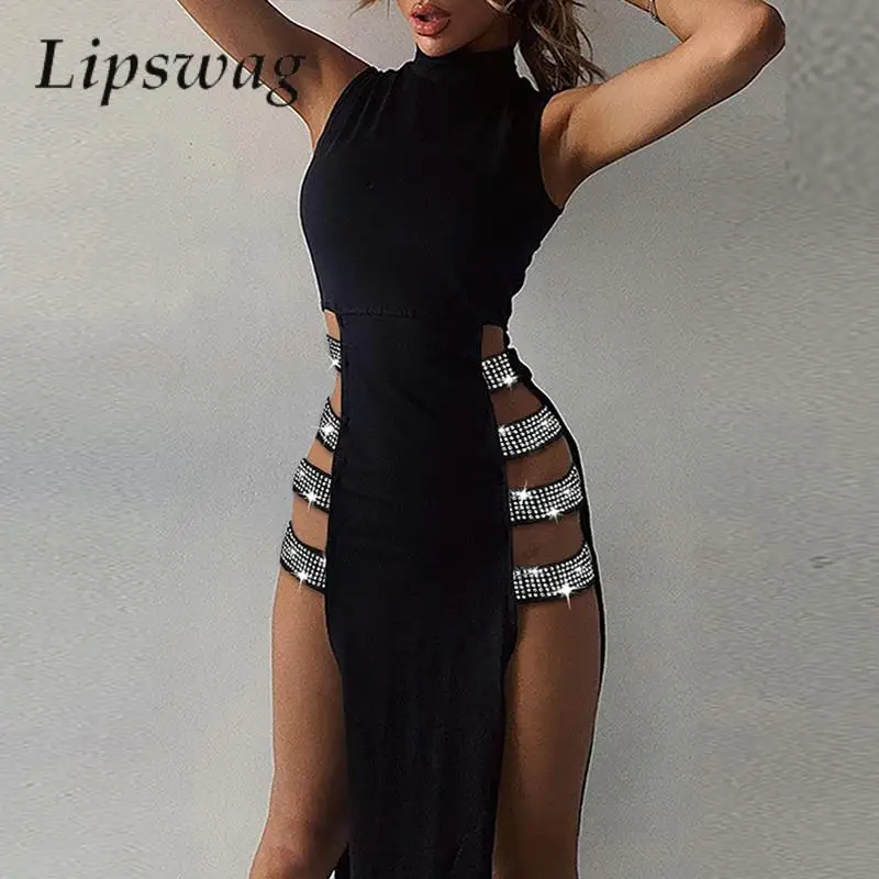 

Сексуальное блестящее Бандажное длинное платье с высоким разрезом, элегантное женское платье без рукавов, женское модное черное платье для ночного клуба