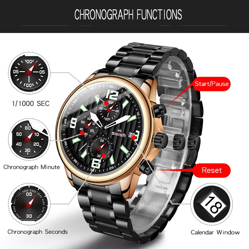 New hot-selling multifunctional timing six-pin sports business waterproof fine steel men's watch