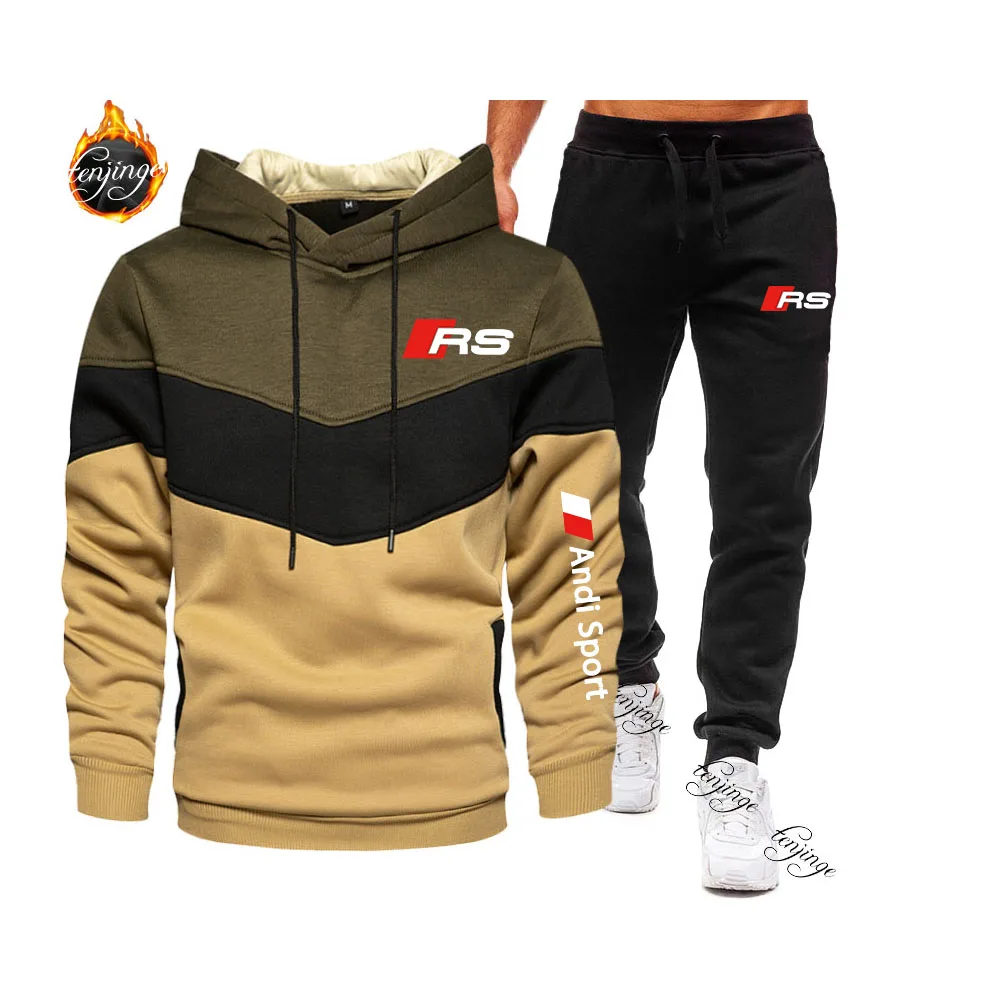 

Fashion sportswear RS Men's Autumn Winter Sets Splicing Hoodie+pants Two Pieces Casual Tracksuit