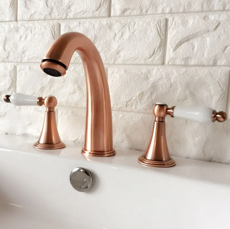 

Antique Red Copper Brass Deck Mounted Dual Handles Widespread Bathroom 3 Holes Basin Faucet Mixer Water Taps mrg039