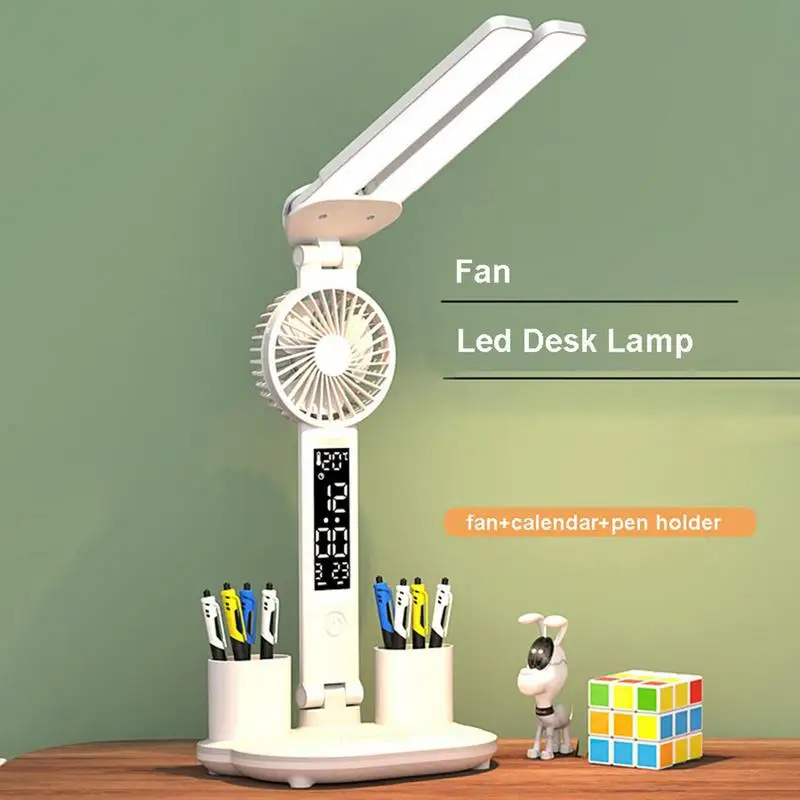 

LED Desk Lamp Multifunction Dual Swing Arm Desk Light With Thermometer, Calendar, Fan, Pen Holder For Bedroom Students Reading