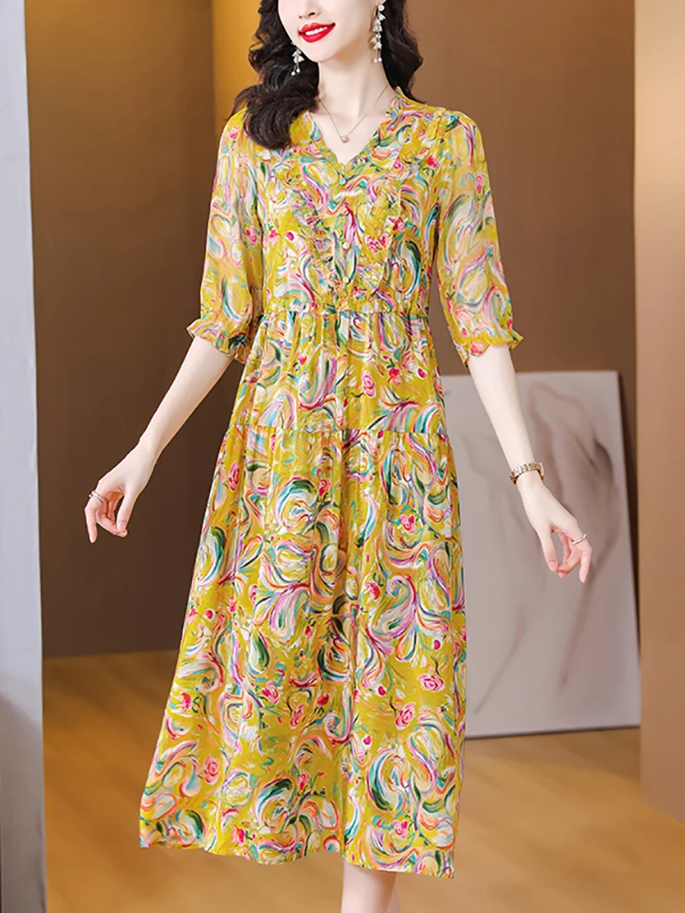 

Women Floral Silk Butterfly Sleeve V-Neck Midi Dress Summer Fashion Ruffled Dress2023 KoreanHigh quality Elegant Casual Vestidos