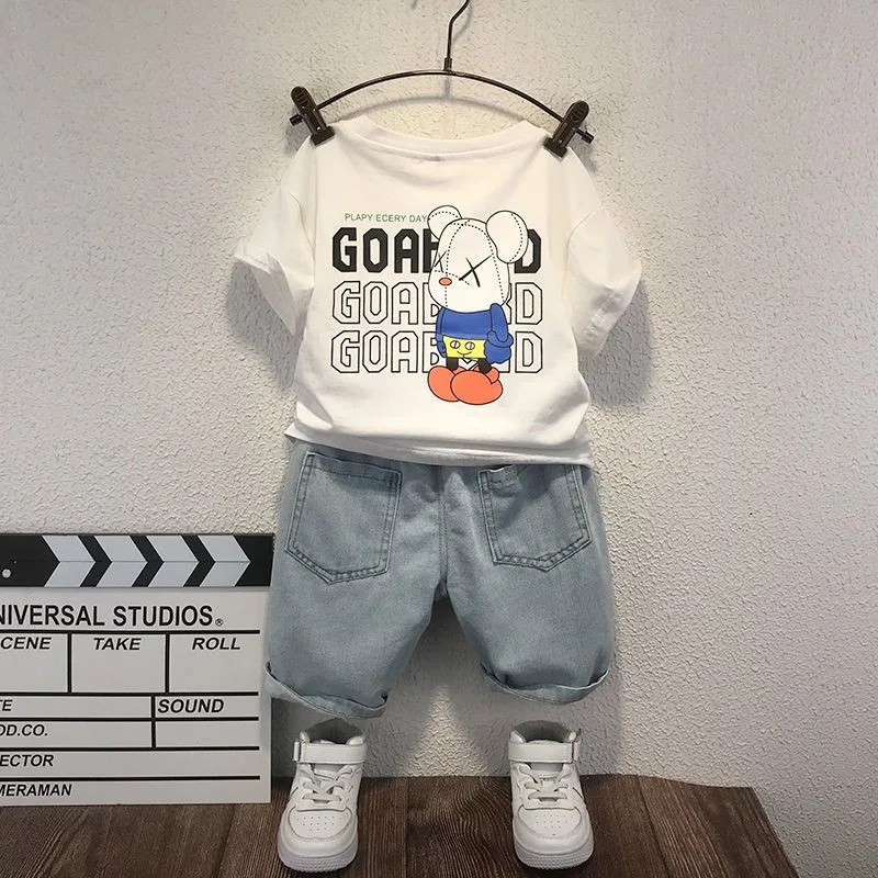 

2023Summer Children Suit Pure Color Cartoon Printed Letters Short-Sleeved Cotton T-shirt + bull-Puncher Knickers Twinset of Male