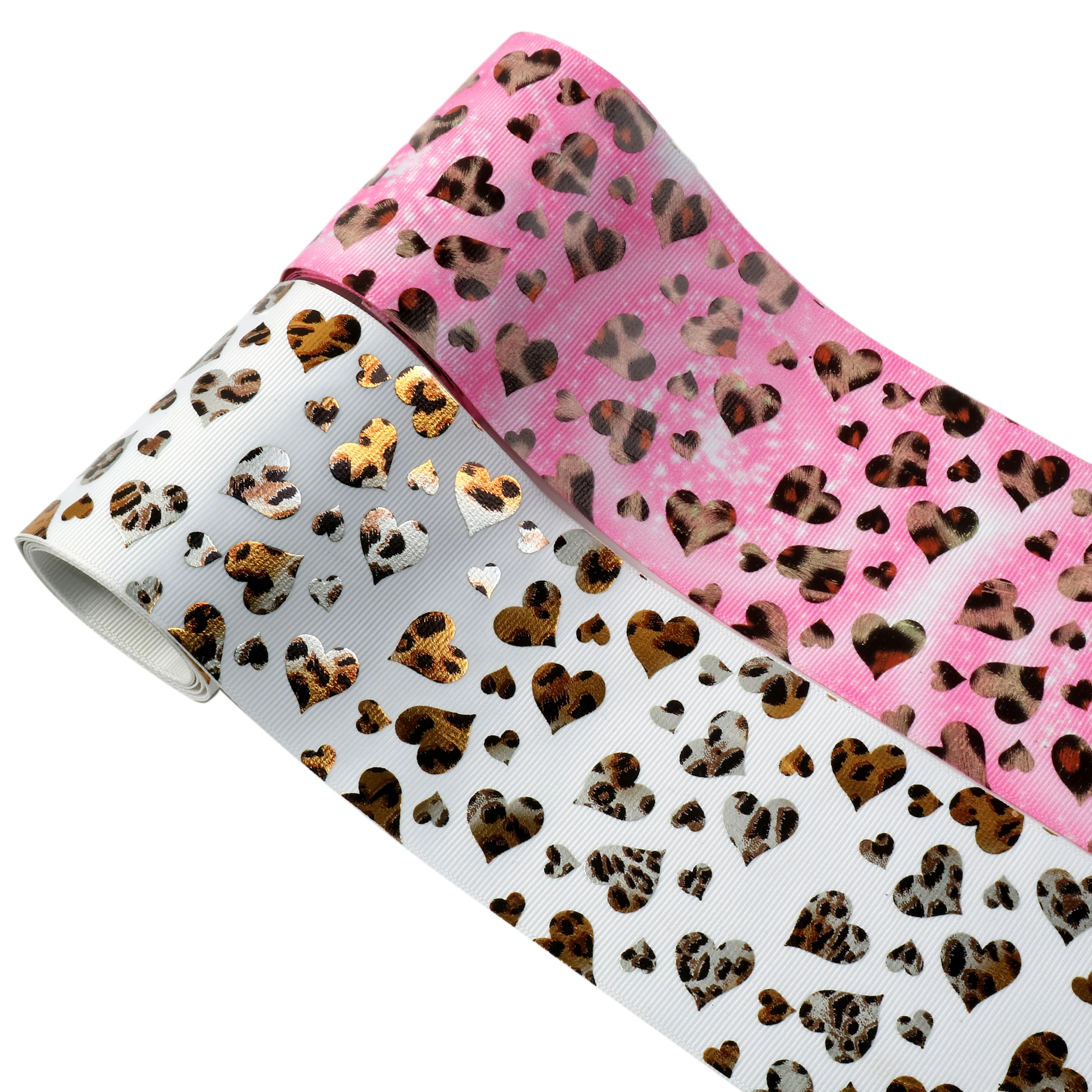 75mm 50Yards Leopard Heart Holographic Gold Foil Grosgrain Ribbon DIY for Crafts, Hair Bows, Gift Wrapping, Wedding Party Decor