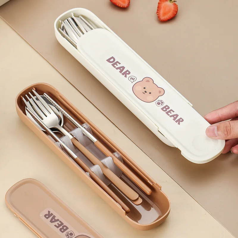 

304 Stainless Steel Cartoon Cutlery Set with Case Kids Fork Spoon Portable Cutlery Set Travel Tableware Reusable Flatware