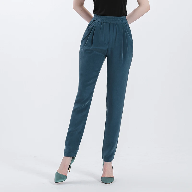 100% Silk 30 Momme Heavyweight Blue Elastic Waist Office Ladies High Quality Pencil Pants Simple Casual Trousers Women KS5800