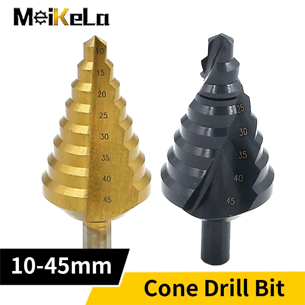 Meikela 10-45mm Step Drill Bit HSS Titanium Stepped Spiral Step Cone Metal Cutter Metal Cone Triangle Shank Hole Drill Tools 1PC