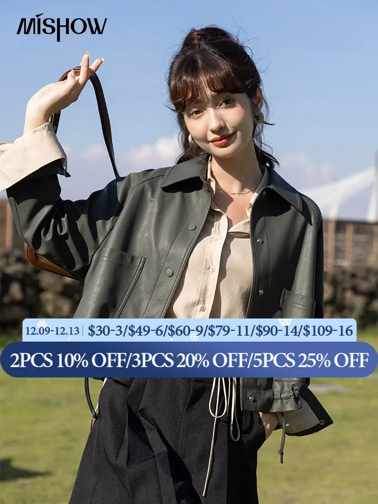 

MISHOW женская кожаная куртка 2022 Новая Осенняя офисная Дамская свободная однотонная однобортная короткая куртка из искусственной кожи с отло...