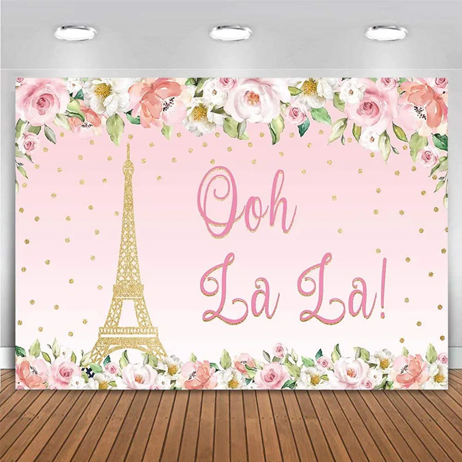 

Paris Eiffel Tower Backdrop Ooh La La Pink Gold Flower Birthday Party Banner Baby Shower Girl Supplies Photography Background