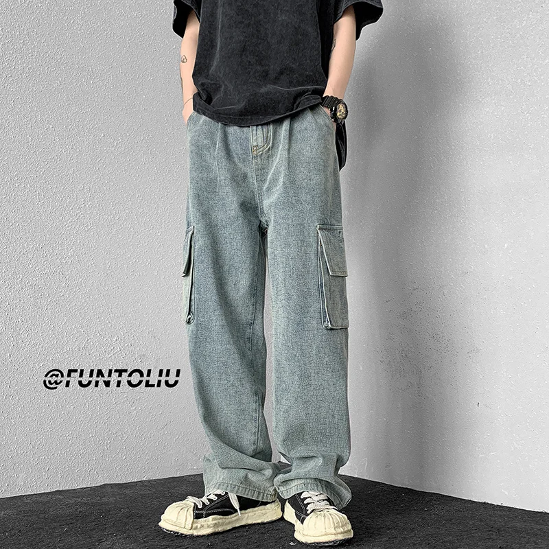 Blue/Black Baggy Jeans Men Fashion Oversized Pocket Cargo Jeans Men Streetwear Hip Hop Loose Straight Denim Pants Mens Trousers