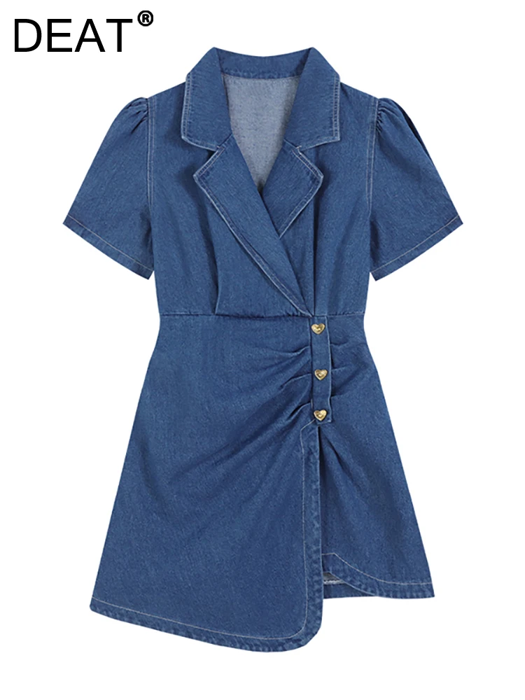 

DEAT Women's Denim Dress Short Sleeve Pleated Waist Irregular Heart Buttons Solid Color Suit Dres 2023 Summer New Fashion 29L958