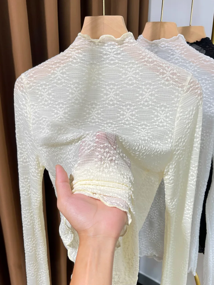 Осенне-зимняя женская рубашка с кружевным низом и полувысоким воротником новый