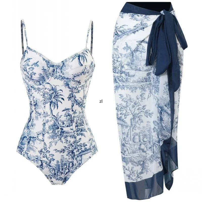 Tight Wrap Chest One Piece Swimsuit Printed Bikini Set Sexy Suspenders 2 Piece Sets Women Outfit Chiffon Beach Skirt Set Spring