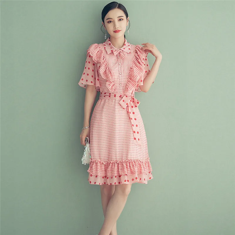 

High Quality Summer Dress 2023 New Fashion Women's Turn-down Collar Short Sleeves Ruffles Pleat Button Dot Pink Sweet Dress