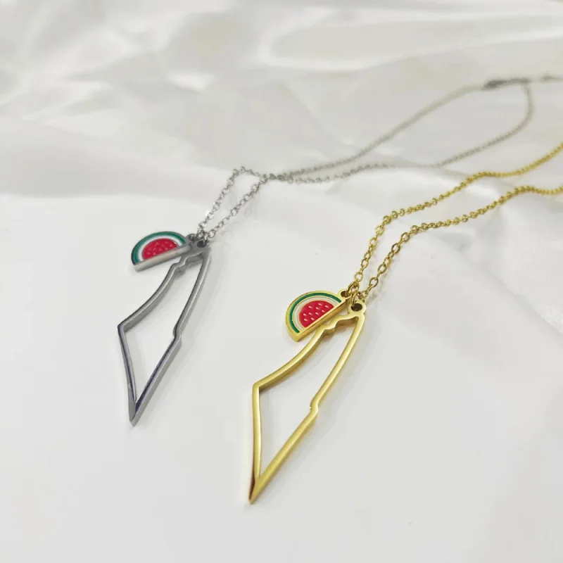 New Exquisite And Fashionable Stainless Steel Map Shape Small Watermelon Pendant Necklace For Men Women Ethnic Style Jewelry