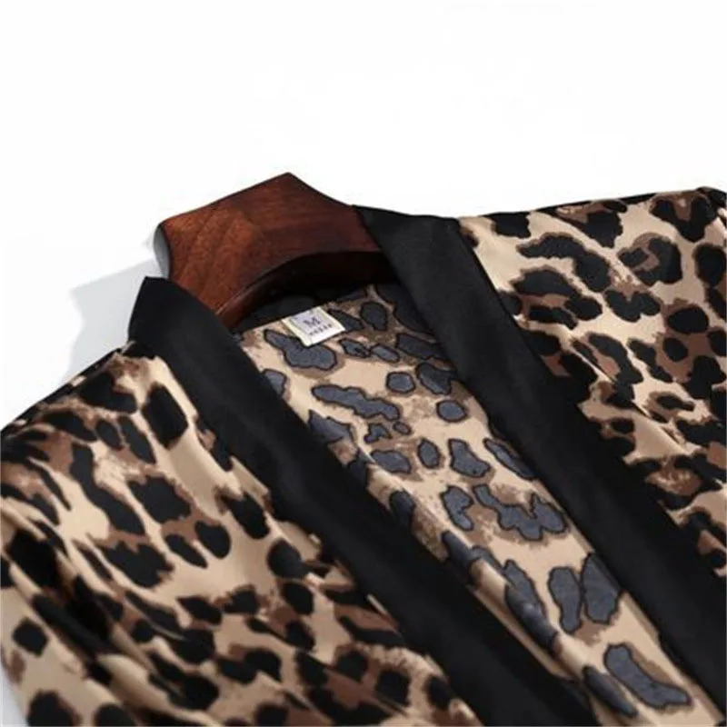 Women's Sleepwear 2 Pcs Sets Satin Silk Sleepwear Leopard Print Robe Nightgown and Sling Lace Mini Dress Pajamas Set