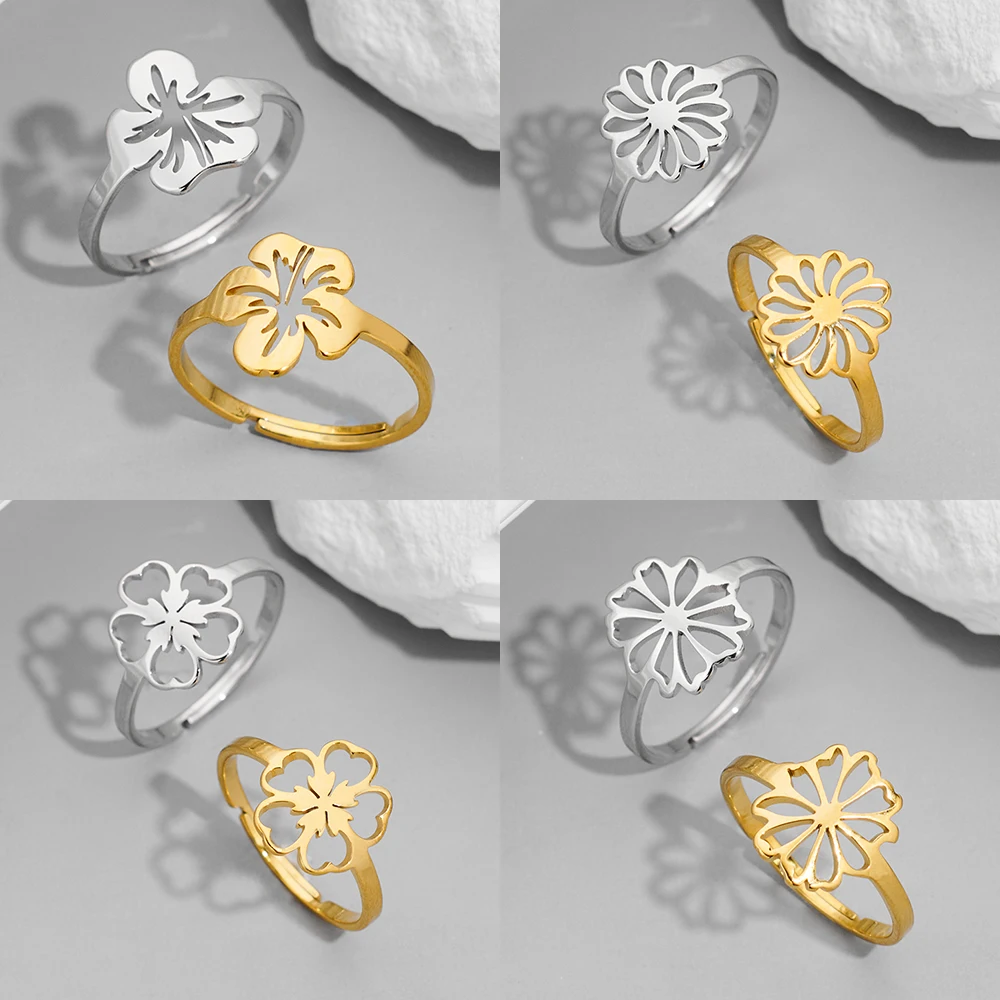 Женские регулируемые открытые кольца из нержавеющей стали золотистые с цветком
