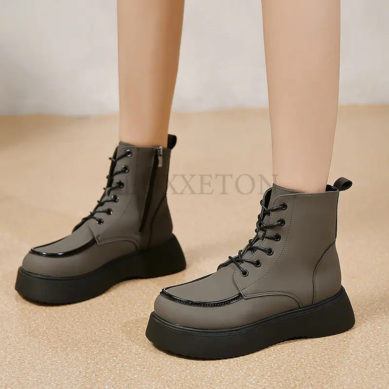 

Women's Black Thick Soled Ankle Boots Platform Square High Heel Women's and Lower Leg Snow Short Patent PU Leather Round Head