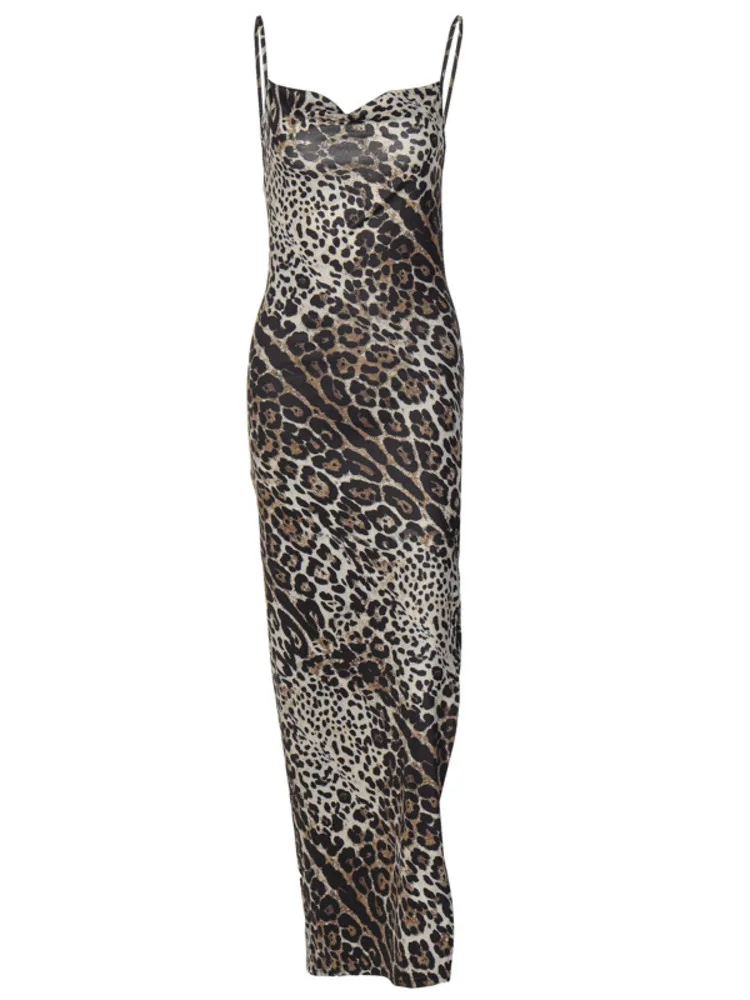 

Платье женское длинное с высоким разрезом, пикантное пляжное макси-платье на бретелях-спагетти, с открытой спиной, с леопардовым принтом, элегантное клубвечерние нее