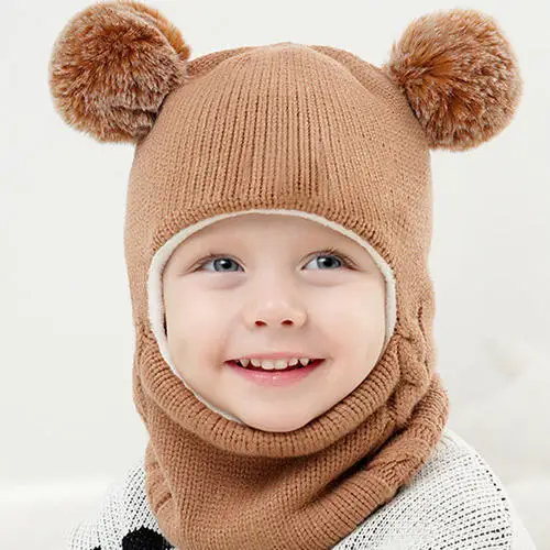 

Children's hat and neck scarf One piece plush thickened ear muff cap Winter boys and girls' warm knitting wool cap