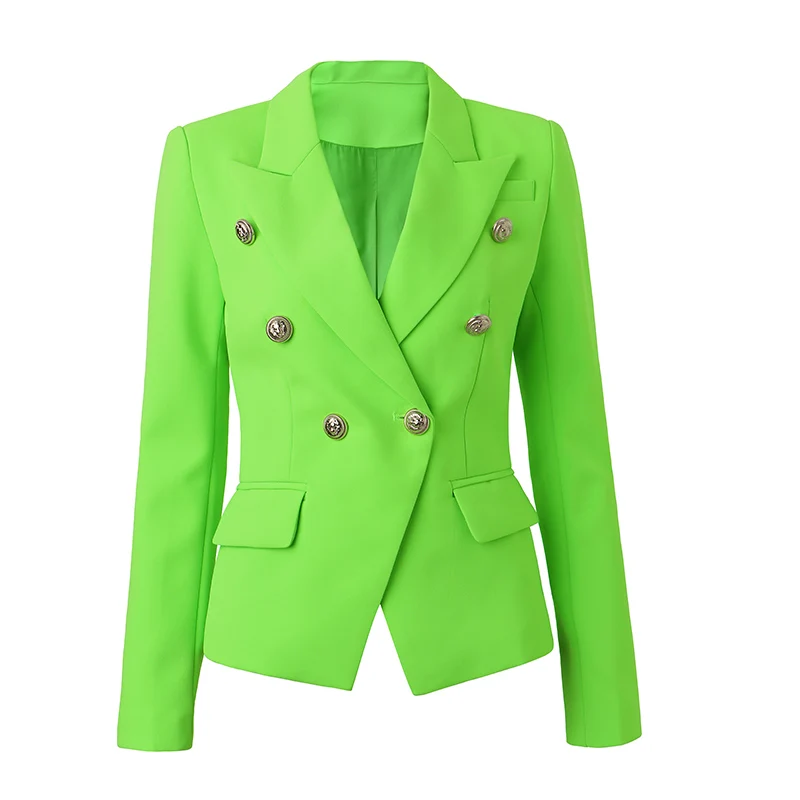 

Fluorescent Green Women's Slim Fit Double Breasted Blazer Women Gold Buttons Chic Tops Female High Street Elegant Casual Outwear