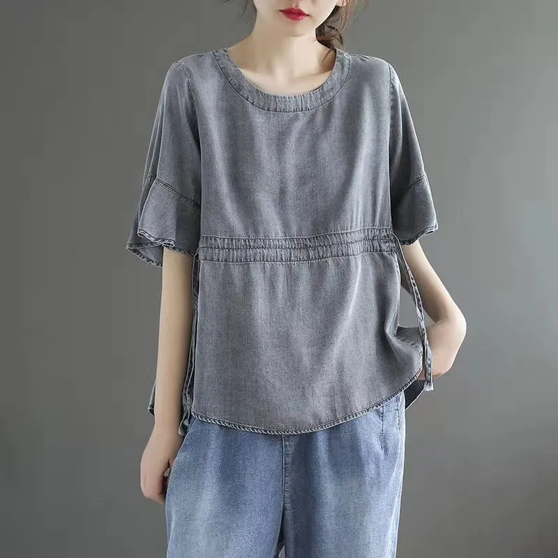 

Summer New Arts Style Women Butterfly Sleeve Loose O-neck Vintage Tops Solid Color Tencel Cotton Denim Casual Tees Tshirt V339