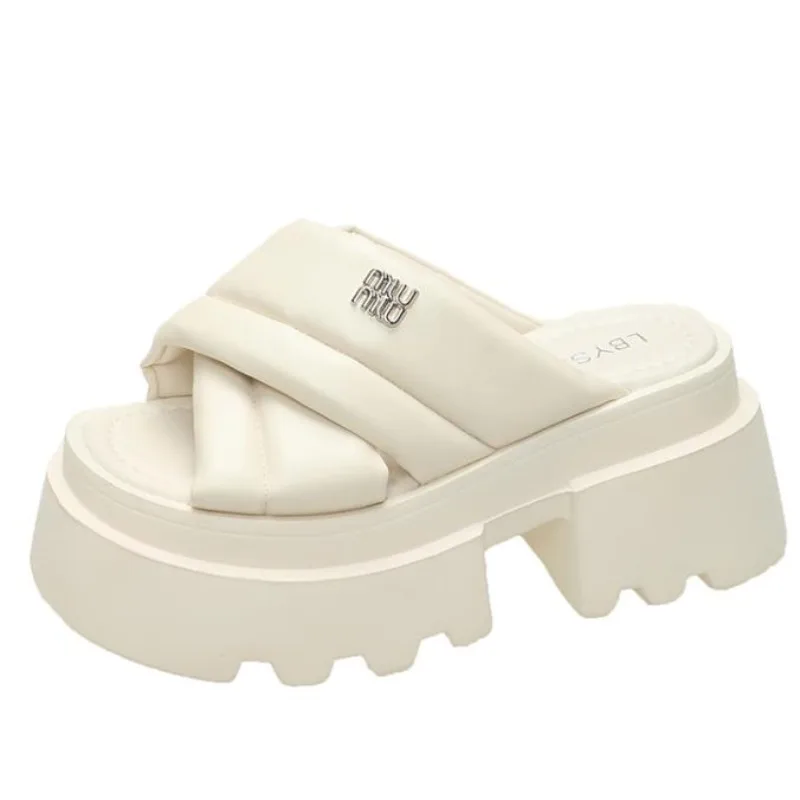 Сандалии женские на толстой танкетке шлепанцы из кожи повседневные пляжные