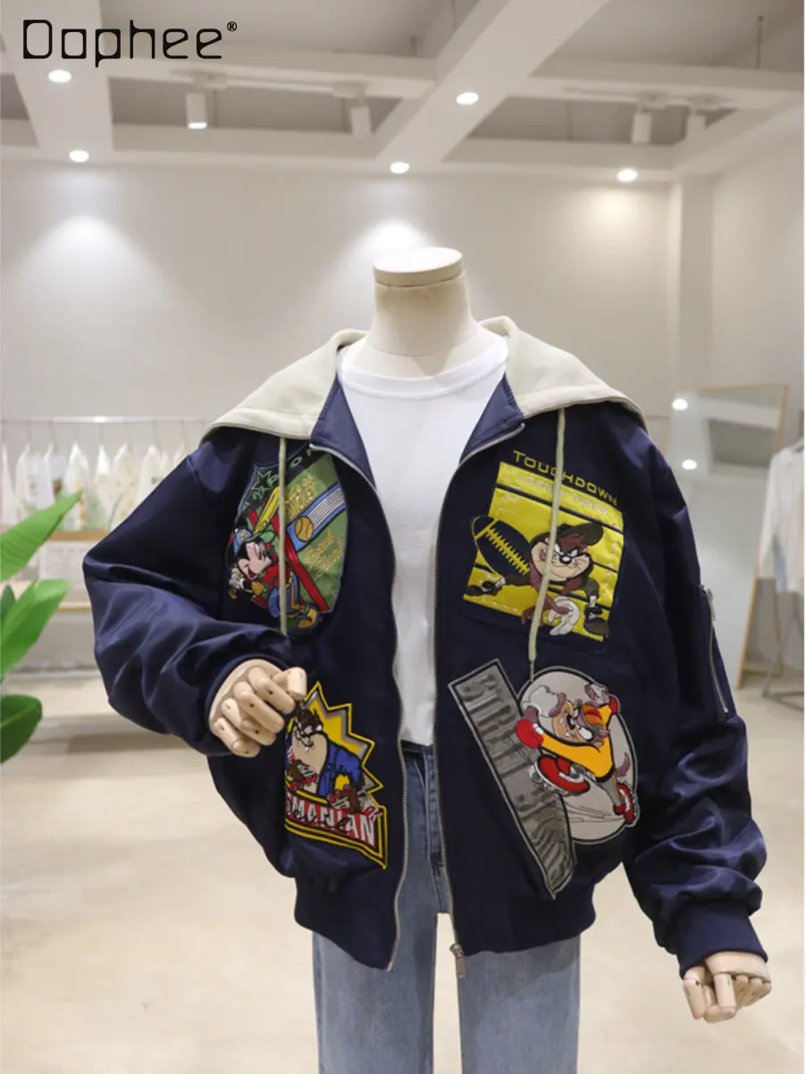 Autumn Winter Korean Style Heavy Industry Cartoon Embroidery Sailor Collar Stitching Loose Thick Zipper Jacket Coat for Women