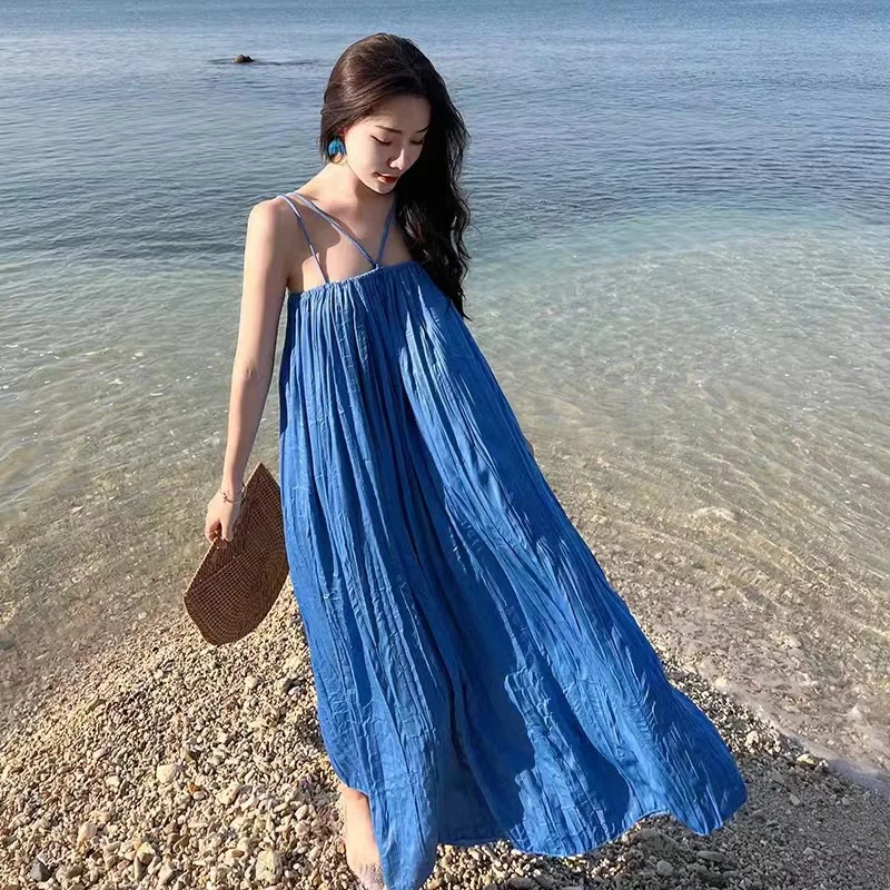 

French one-shoulder loose dress sexy pure suspender pleated long skirt holiday beach skirt