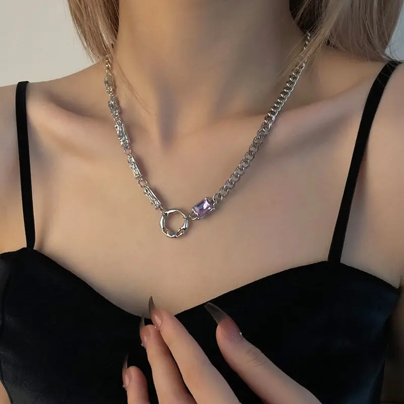 Korean Fashion Punk Style Personality Purple Black Necklaces for Women Luxury Niche Design Y2k Babes Clavicle Chain Jewerly Gift images - 6